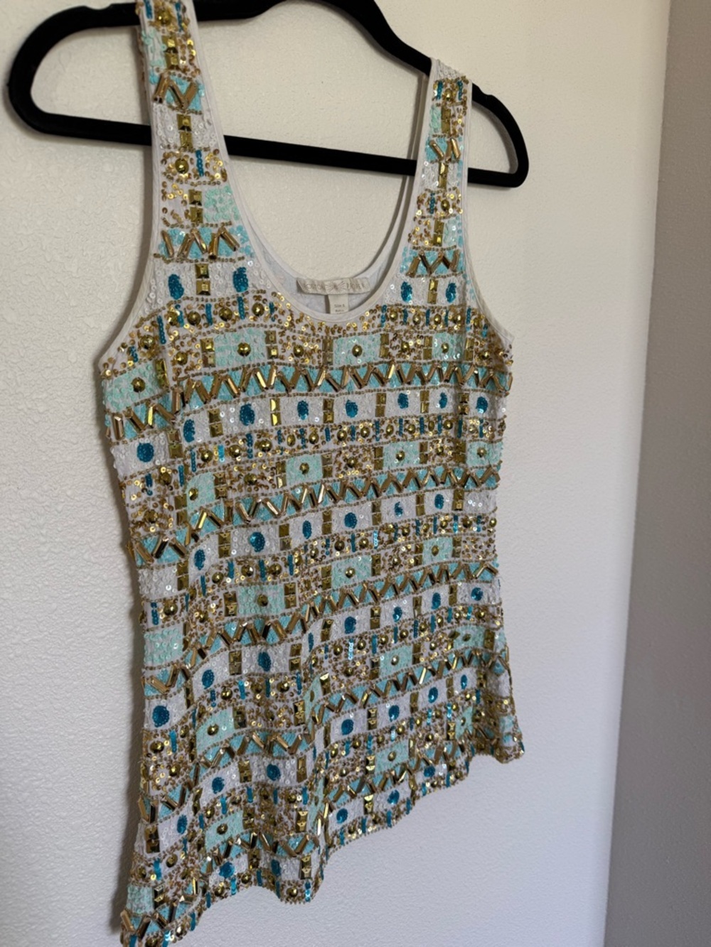 Boston Proper Beaded Sequin Tank Top Gold Aqua Resort Luxe Yacht Club Glam Sz S - Picture 5 of 7